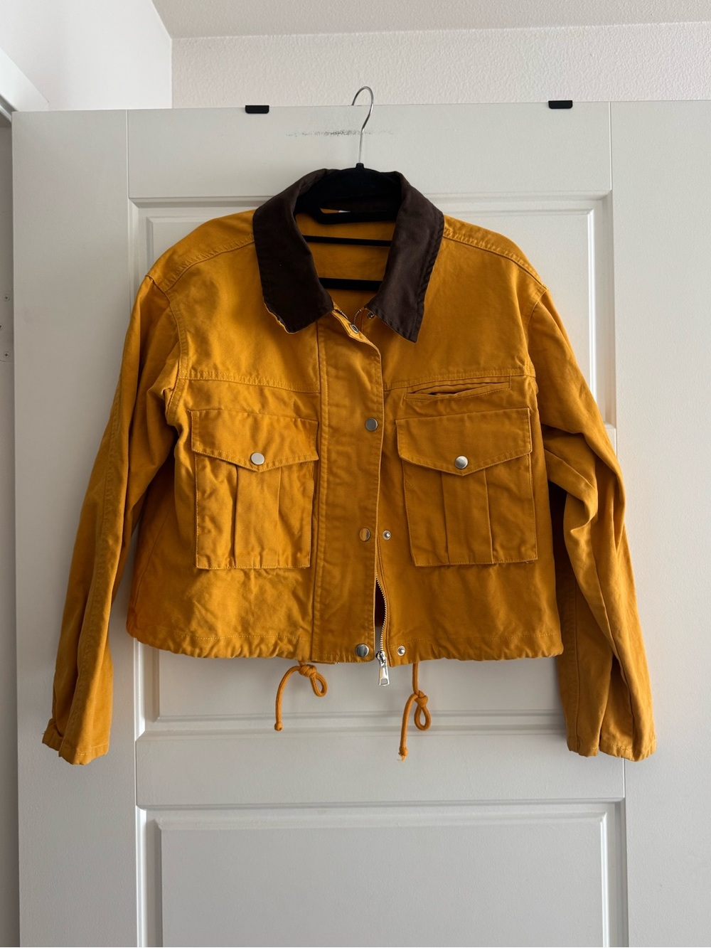 Mustard Yellow Cropped Utility Jacket with Brown Collar